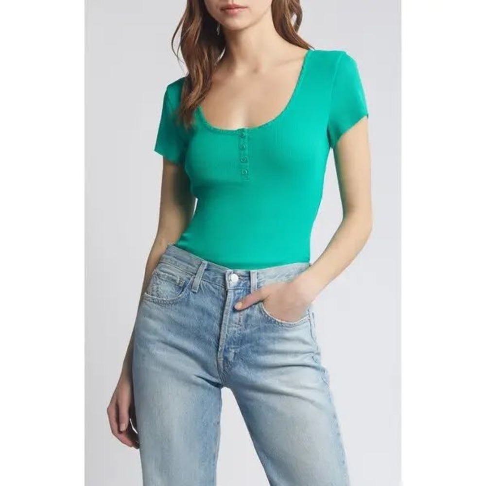 Nation LTD Green Ribbed Pima Cotton Henley Surplice Back Top Size L